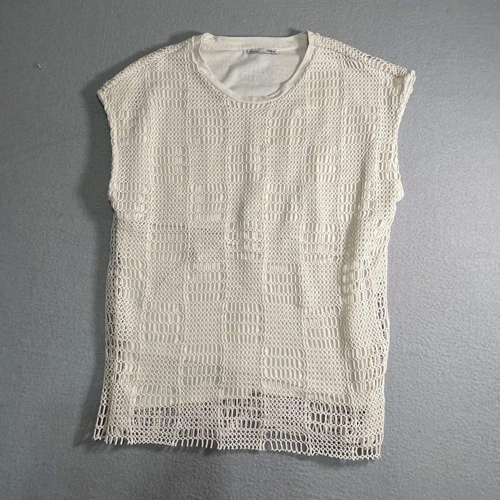 ZARA Womens Crockett Top Size Med Cream Crew Neck Sleeveless Boho Casual‎